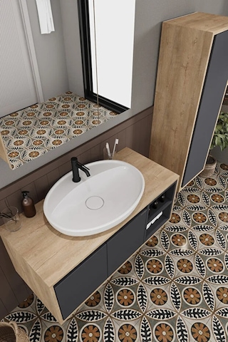 Gül 100 Cm %100 Mdf Lavabolu Banyo Dolabı Ayna Alt Dolap Lavabo Boy Dolabı Antrasit