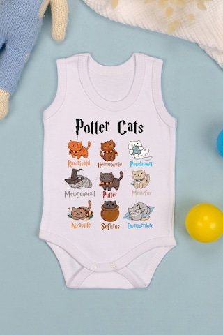 Bebetospik %100 Pamuklu Potter Cats Baskılı Yumuşak Doku Baskılı Zıbın & Body Beyaz
