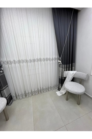 Nivemeshome Elin 2573 V-105 Gümüş Detay 1/3 Pileli Tül Perde Apm Ekru