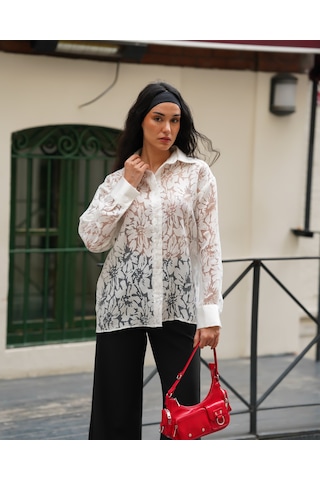 Kadın Transparan Çiçek Desenli Uzun Kollu Gömlek Beyaz