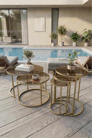 Milas Orta Ve Zigon Sehpa Seti Ø60-47 Mat Gold Metal, Temperli Bronz Cam Eskitme Bronz