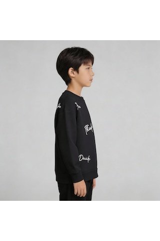 King-Brich Bisiklet Yaka Nakışlı Oversize Kalıp Çocuk Sweatshirt SIYAH