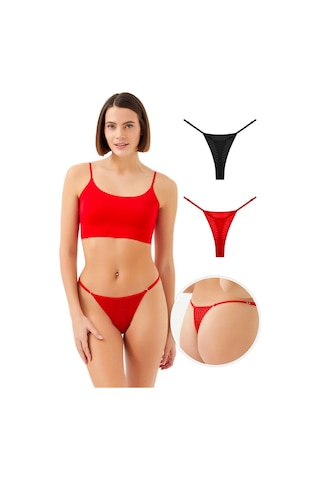 Puantiyeli Tüllü Ayarlanabilir Lastikli Kadın Tanga Külot 2'li Paket Renkli-1 Çok Renkli