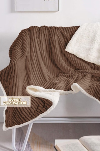 Sherpa Battaniye Çift Kişilik Çizgili Yumuşak Peluş Wellsoft Yatak Örtüsü Koyu Kahverengi