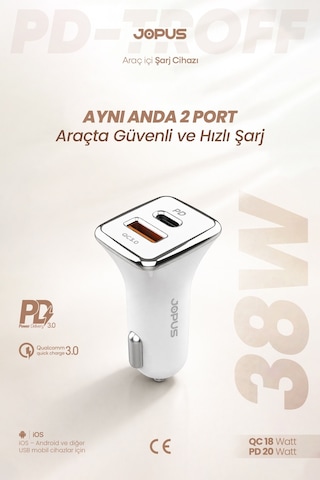 Jopus USB ve Type-C Girişli 38W Hızlı Araç Çakmaklık Şarj Aleti Başlığı Universal JO-A7