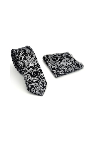 Gaffy Gri Şal Desenli Siyah Dokuma Kumaş Mendilli Slim Fit Kravat // Sdk-2607-1 Siyah