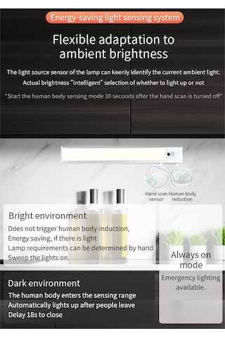 Teltree Ultra İnce 20cm Gümüş Led Gece Lambası - Vücut Ve El Tarama Algılama, Üç Renk, Işık Seviyesi Ayarlı, Otomatik Kapanma Çok Renkli