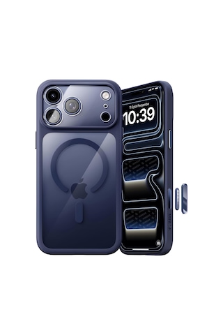 İphone 17 Pro Max İçin Özel Geliştirilmiş Kamera Çerçevesini De Koruyan, Arkası Şeffaf Polikarbonat Kenarları Silikon Magsafe İle Uyumlu Kılıf Akıllı Tasarım Kapak Mavi, 17 Pro Max
