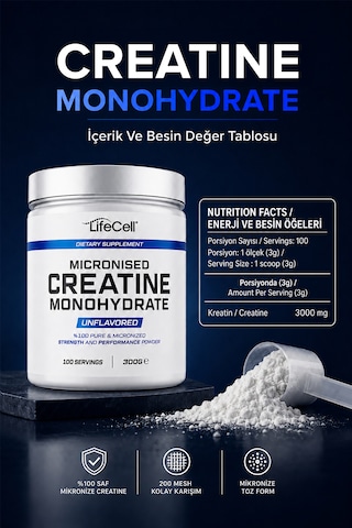 Creatıne Monohydrate 300 G 200 Mesh Mikronize Aromasız Kreatin 3000 Mg
