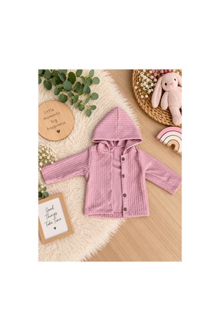 Uğur Bebe Kız Bebek Jakarlı Takım 3 Parça Kapüşonlu Hırka Tavşan Baskılı Üst Pantolon Pudra Pembe Pudra Pudra