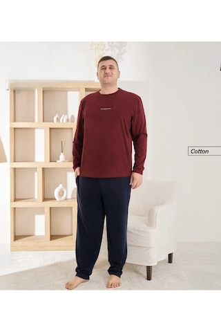 Pijamoni Erkek Battal Bisiklet Yaka Penye Uzun Kol Pijama Takımı 6700/8 - 1 Adet Bordo