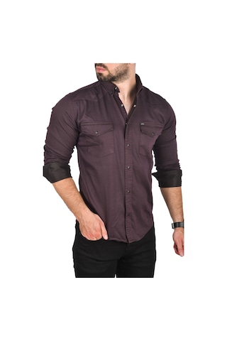 Deepsea Erkek Mürdüm Slim Fit Pamuklu Cepli Kot Gömlek Çıtçıtlı Uzun Kollu Spor Gömlek 2502503 Mürdüm
