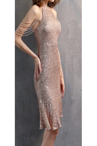 Hanife Glam Couture Hanife Glam Boncuk Detaylı Pulpayet Abiye Elbise Gold