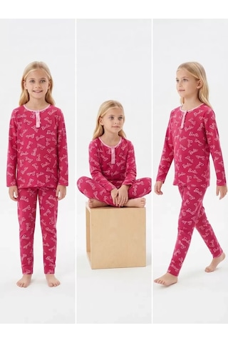 Veraura Lifestyle 6/14 Yaş Yazı Baskılı Pamuk Penye Çocuk Pijama Takımı Fuşya