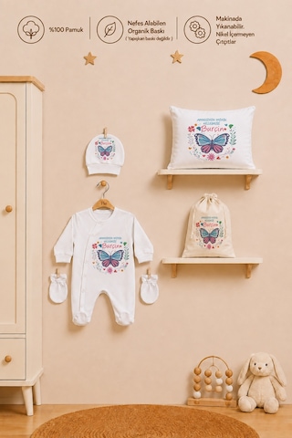Pia Baby Kız Bebek Hastane Çıkışı İsimli Tulum Takımı Yastık Kılıfı Şapka Eldiven Kıyafet Kesesi Bebek Hediyesi 2041ytkyx Krem
