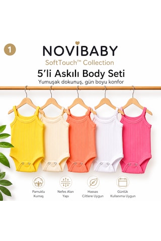 Novibaby 5'li İp Askılı Bebek Body Seti Pamuklu Çıtçıtlı Yazlık Zıbın Çocuk I Softtouch Collection Çok Renkli