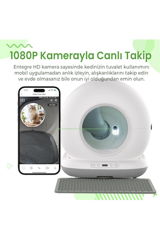 Haustier Cb002 Gri Kameralı Akıllı Otomatik Kedi Tuvaleti, App İle Uzaktan Kontrol, 72lt Hazne, 7lt Çöp Haznesi