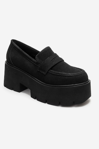 Luvishoes Santıa Siyah Süet Kadın Kalın Tabanlı Loafer Ayakkabı Siyah