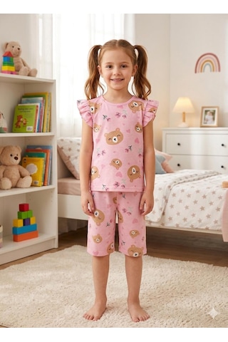 Aliş Kids Kız Çocuk Pamuklu Pembe Ayıcık Kalp Desenli Kolları Fırfırlı Kısa Kollu Şortlu Yazlık Pijama Takımı