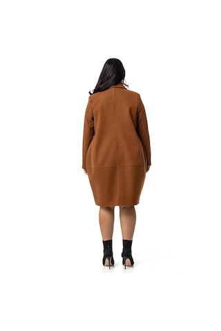 Büyük Beden Torba Cepli Tek Düğmeli Astarlı Kahverengi Kaşe Kaban-kahverengi Kahverengi