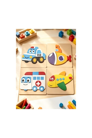 Bebek 4'lü Puzzel Pla Araçlar Temalı 3d Puzzle Seti