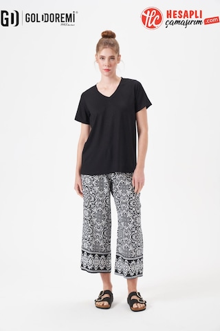 Gd Goldoremi 29063 Premium Kadın V Yaka Rahat Kalıp Desenli Bol Paça Kısa Kollu Pijama Takım Siyah