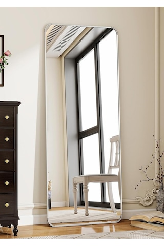 Pera 140x55 Yuvarlak Köşeli Yer Aynası Ayaklı, Asılı, Duvara Yaslı, Yatak Odası, Giyinme Odası GÜMÜŞ