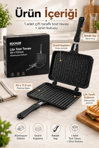 Kochler Çift Taraflı Tost Tavası Granit Kaplama, Alüminyum Döküm Pişirme Tavası Siyah