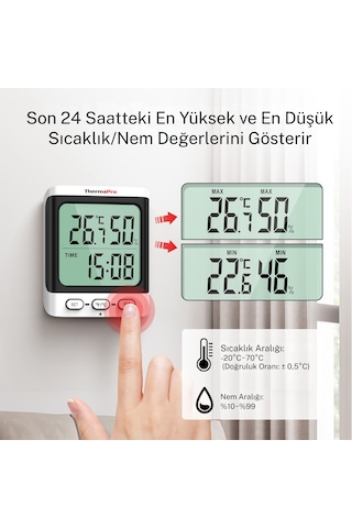 Thermopro Tp152 8,5" Lcd Ekranlı İç Mekan Dijital Sıcaklık Ve Nem Ölçer Termometre
