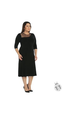 4089S-Nidya Moda Büyük Beden Işli Sandy Elbise Siyah