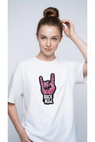 Kadın Oversize Tişört Rock Nroll Baskılı Beyaz
