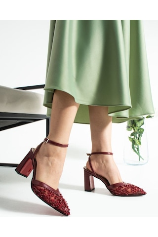Elvı Kadın Taşlı Bej Topuklu Ayakkabı 9 Cm Bordo