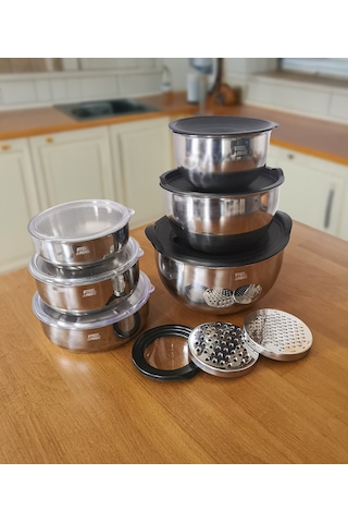 Steel&More Çelik Rendeli Saklama Kabı 9parça Ve 3'lü Saklama Kabı 15 Parça Set Gri