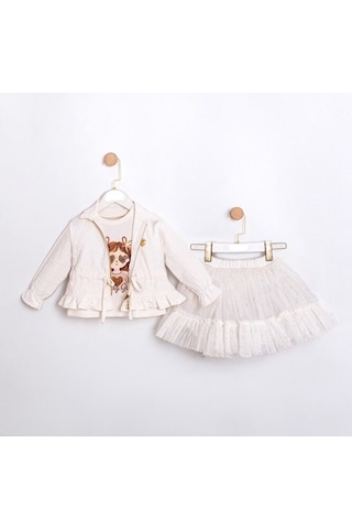 Ministok White Fashion Ceket Tütü Etek T-shirt 3'lü Kız Çocuk Takım Beyaz