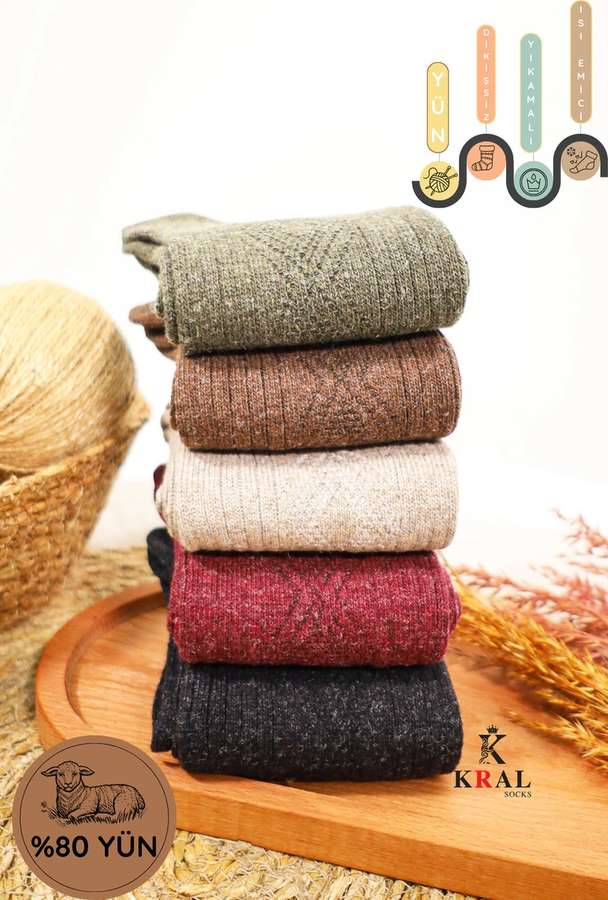 Miss Lana Ladies Socks Kışlık 5 Çift Lambswool Kadınlar Için Termal Kutulu Dikişsiz Yün Çorap ASORTİ