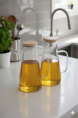Borosilikat Masterchef Bambu Kapaklı Cam Yağlık 2 Li Set 900 Ml+900 Ml Şeffaf
