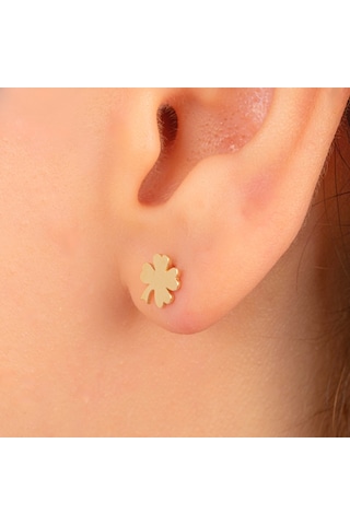 Altın Küpe - 14 Ayar Altın Minimal Yonca Yaprağı Küpe Sarı