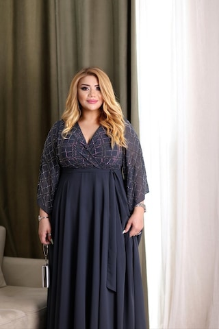 Lady Sharm Şifon Üzeri Kristal Taşlı Kadın Elbise Gri