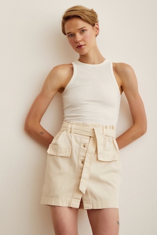 Never More Düğmeli Gabardin Etek Bej