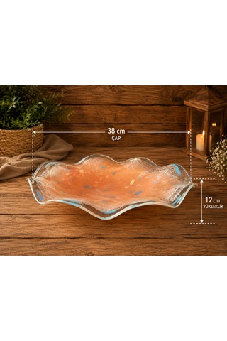 El Yapımı Üfleme Cam Dekoratif Meyvelik & Sunumluk 38 Cm Çap Modern Rustik Tasarım Cam Kase