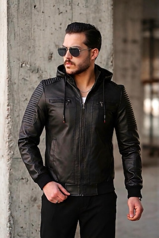 Oksit Kegg Erkek Siyah Slim Fit Kapüşonlu Omuz Detaylı Suni Deri Ceket
