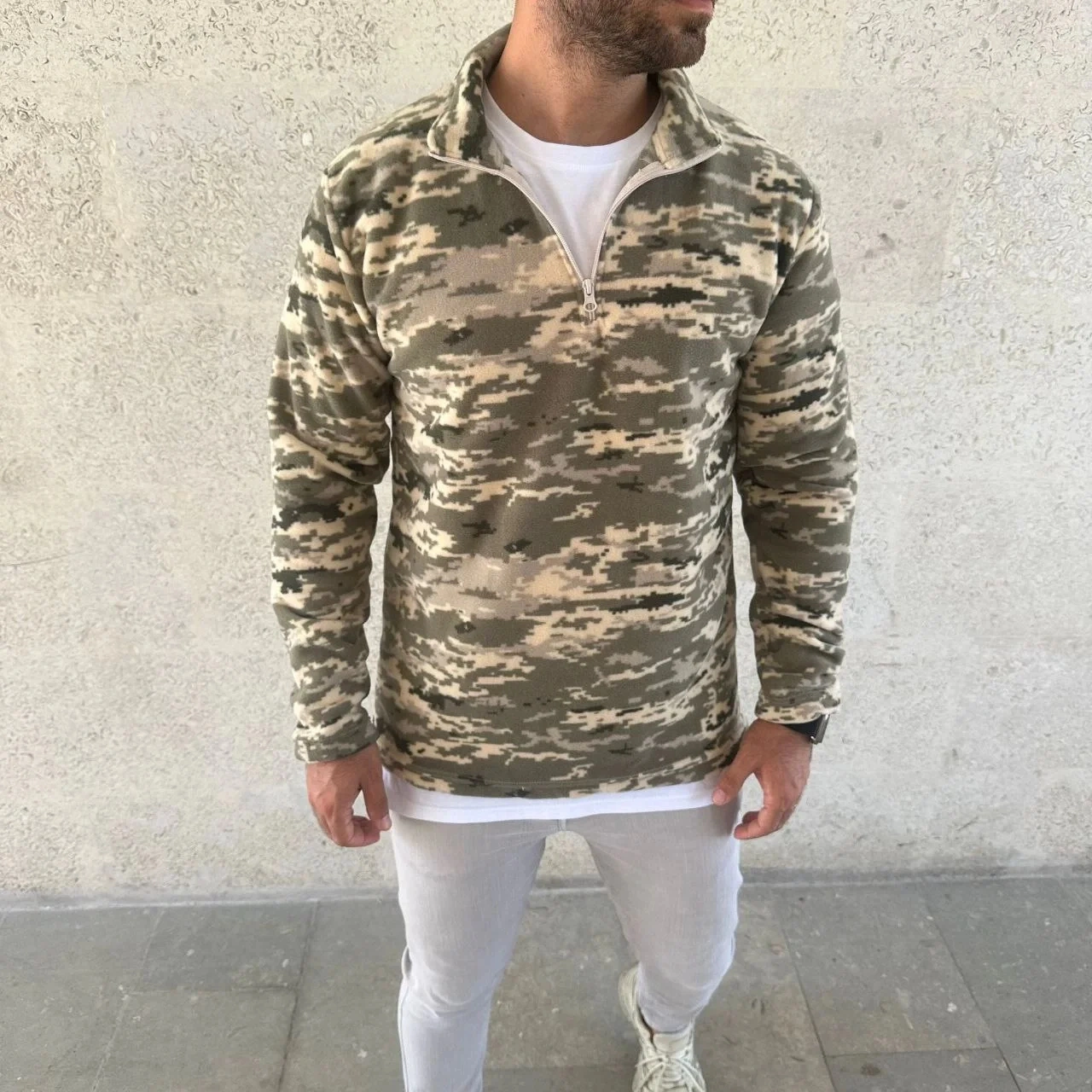 Erkek Yarım Fermuarlı Desenli Polar Sweat Haki Kamuflaj Yakalı, Uzun Kollu, Oversize Rahat Kalıp - Haki
