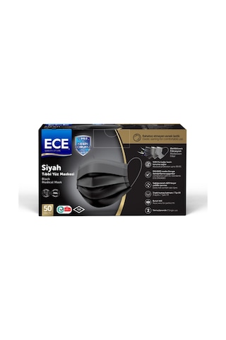 Ece 3 Katlı Siyah Cerrahi Maske Telli 50'li