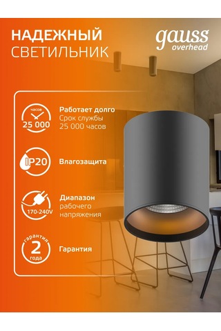 Gauss Tavan Spot Aydınlatma, Yüzey Tipi Silindir 12w 900lm 3000k 396198154 Siyah