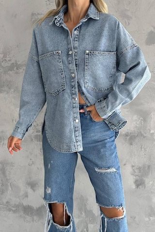 Noa & Noa Kadın Chıc Etiketli Yırtık Denim Gömlek Urban Rebel Mavi