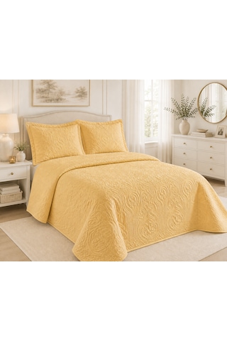 Kapreo Home Dinarsu Olivia Çift Kişilik Yatak Örtüsü Seti 3 Parça 230x250 Cm Desenli Yatak Örtüsü Ve 2 Yastık Kılıfı / Hardal