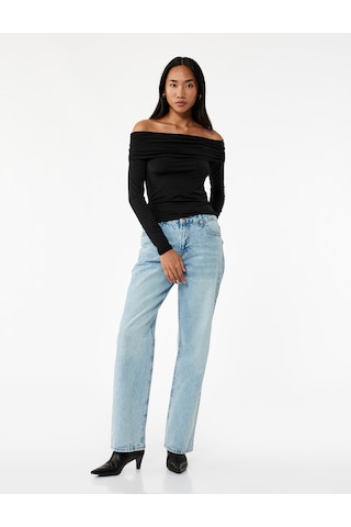 Koton Slim Fit Uzun Kollu Drapeli Omzu Açık Tişört Siyah 6wak80032ek SIYAH