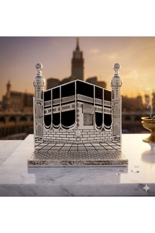 Allah & Muhammed S.a.v Kabe Kapısı Figürlü Özel Tasarım Gümüş Renkli Masa Üstü Biblo 25 Cm