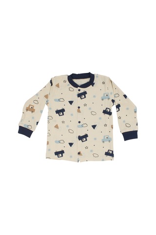 Bebegen Erkek Çocuk Ekru Laci Arabalı Desenli Çıtçıtlı Pijama Takımı Çok Renkli