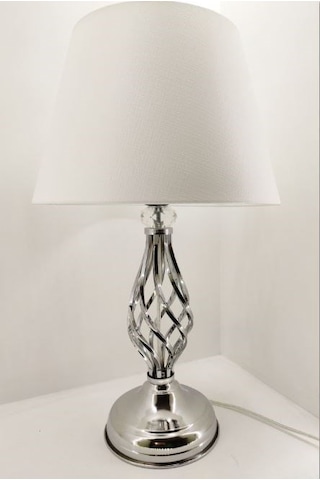 Gümüş Gri Rustik Burgulu Taşlı Metal Ayak Beyaz Şapkalı Abajur Gümüş